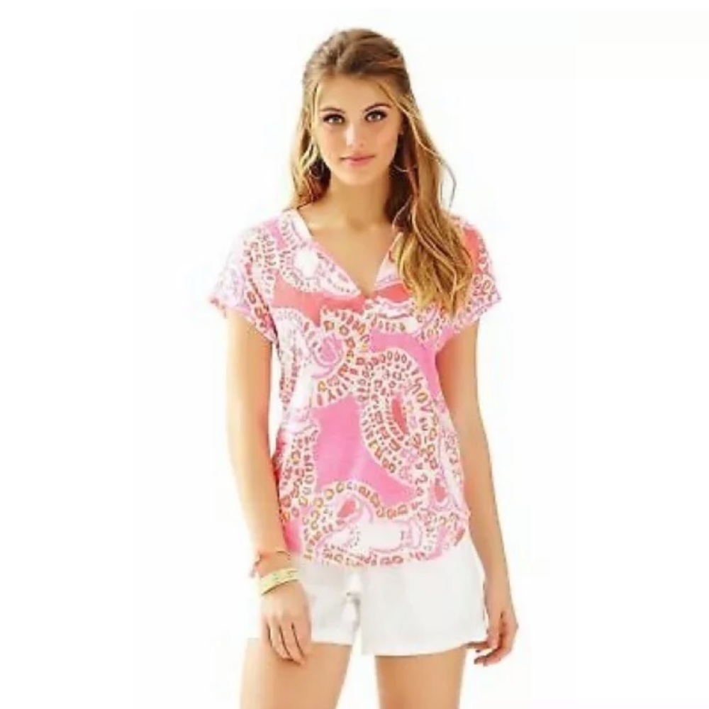LILLY PULITZER Top Pink Hot Coral Trunk Linen Sm